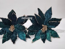  2 Christmas Peacock Teal Green Ornaments Poinsettias Tree Pick Ornament Picks