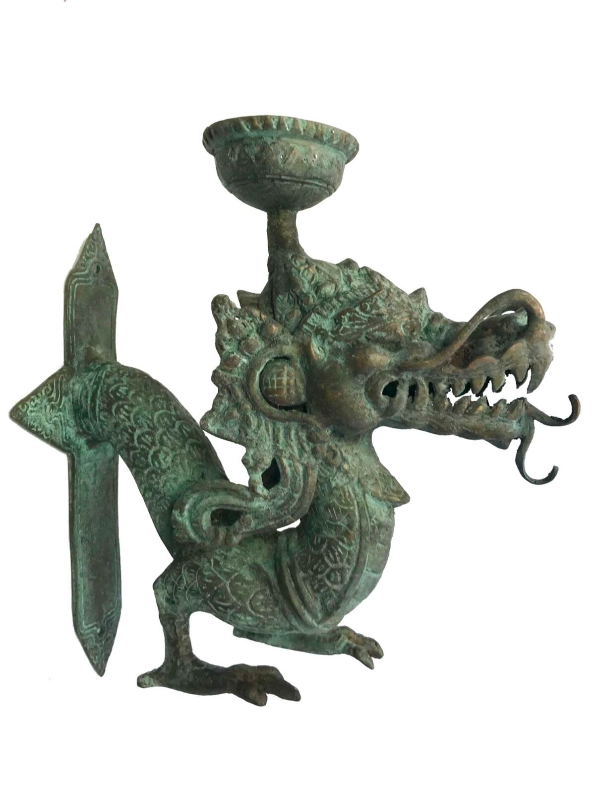 Vintage Bronze Dragon Naga Wall Sconce Candlestick Indonesian Balinese Art