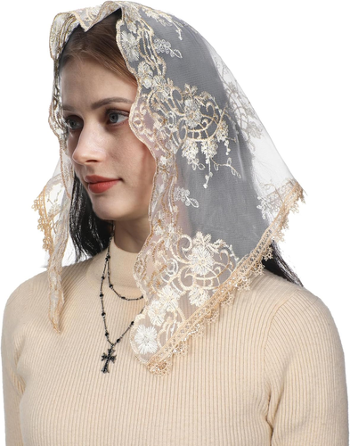 Triangle Chapel Veil Head Covering Gold Flower Embroidered Lace Mantilla Veils f - Picture 10 of 12