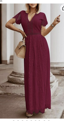 Merokeety Wine Red Lace L Dress Maxi Formal V Neck Zip Gown Short Sleeve | eBay Merokeety Wine Red Lace L Dress Maxi Formal V Neck Zip Gown Short Sleeve | eBay