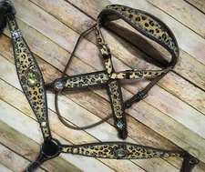 Western Horse Bling! Leather Tack Set w/ Cheetah Design Bridle + Breast Collar