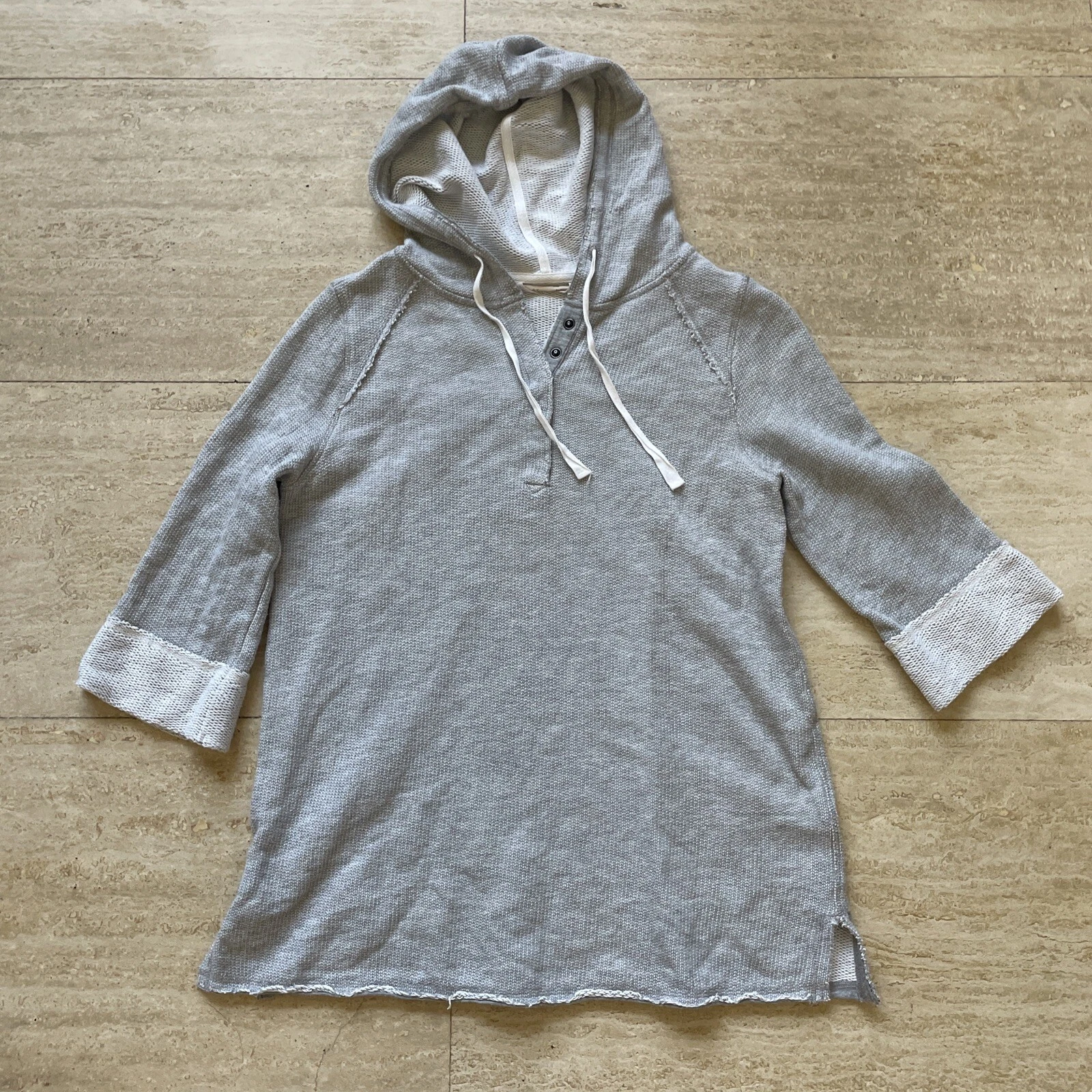 Soft Surroundings Gray French Terry Just Beachy Hoodie Sweatshirt S 3/4 Sleeve