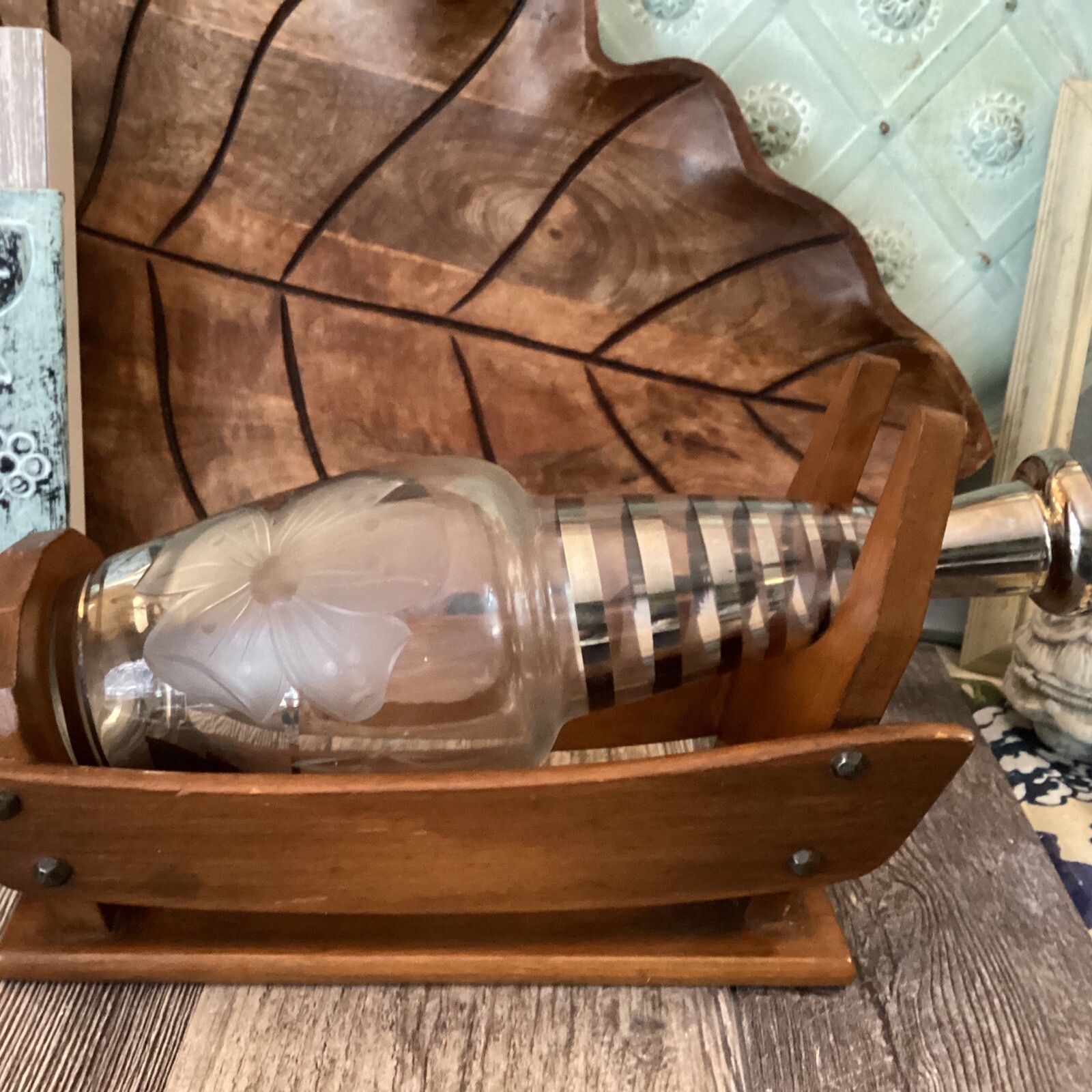 Mid Century Modern wood wine holder pourer with handle groovy Caddy Holder Gift