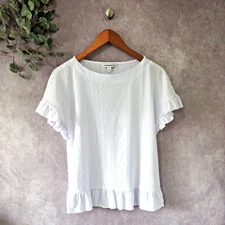 Counterparts Top Womens Small  White Eyelet Short Sleeve Blouse Pullover Casual