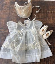 1950s Carol Joy Mrs Days Ideal Baby Bonnet Shoes Christening Dress Antique White