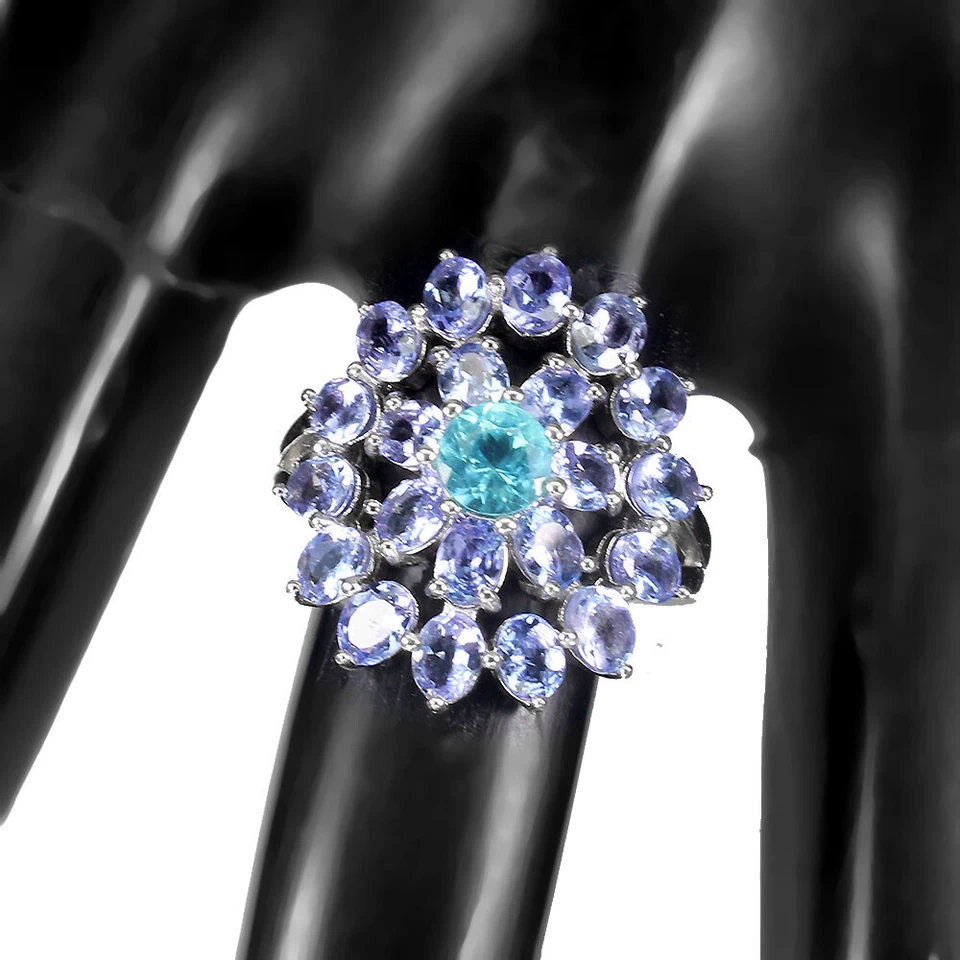 925 Anello Argento Sterling Rotondo Apatite Tanzanite Naturale Gemma Misura 7 - Immagine 3 di 4