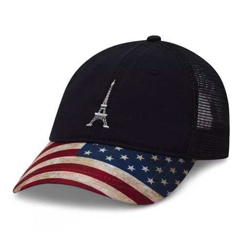 Patriotic Trucker Hat Usa Paris Travel Eiffel Tower American Flag Baseball Cap
