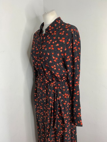 Vestido Camisa Midi Estampado Patrón ZARA M EN MUY BUENA CONDICIÓN Botón Frontal Corbata Cintura Floral Negro - Imagen 5 de 10