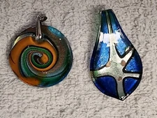 Vintage Murano Style Colorful Art Glass Teardrop & Round Pendants Set Of Two (2)