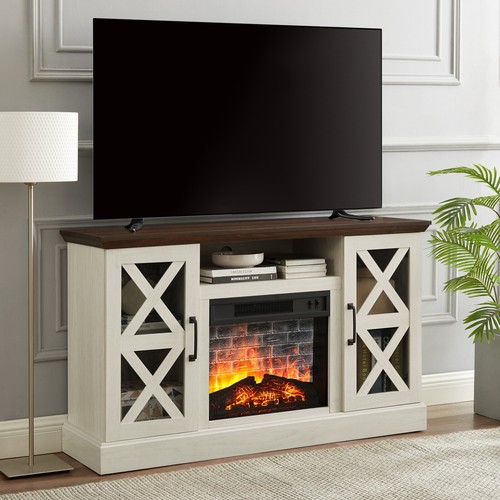 Farmhouse Fireplace TV Stand for TVs up to 55"Media Console Cabinet White/Walnut - Picture 2 of 11