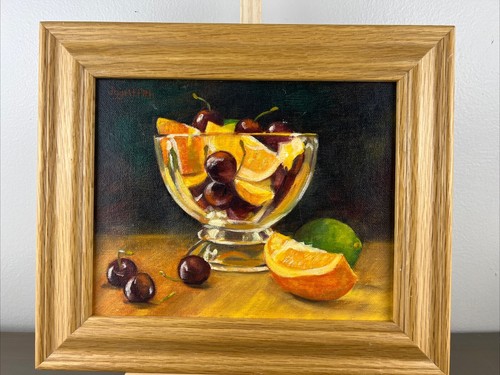 Original Oil Painting Still Life Citrus Cherries In Glass Bowl 8”x10” - Picture 2 of 6