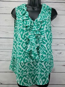 Ann-Taylor-LOFT-Women-Tank-Top-Sleeveless-Blouse-White-Green-Ruffle-Size-XS