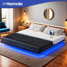 King Size Floating Bedroom Bed Frame with USB Charging Port & LED Lights Metal