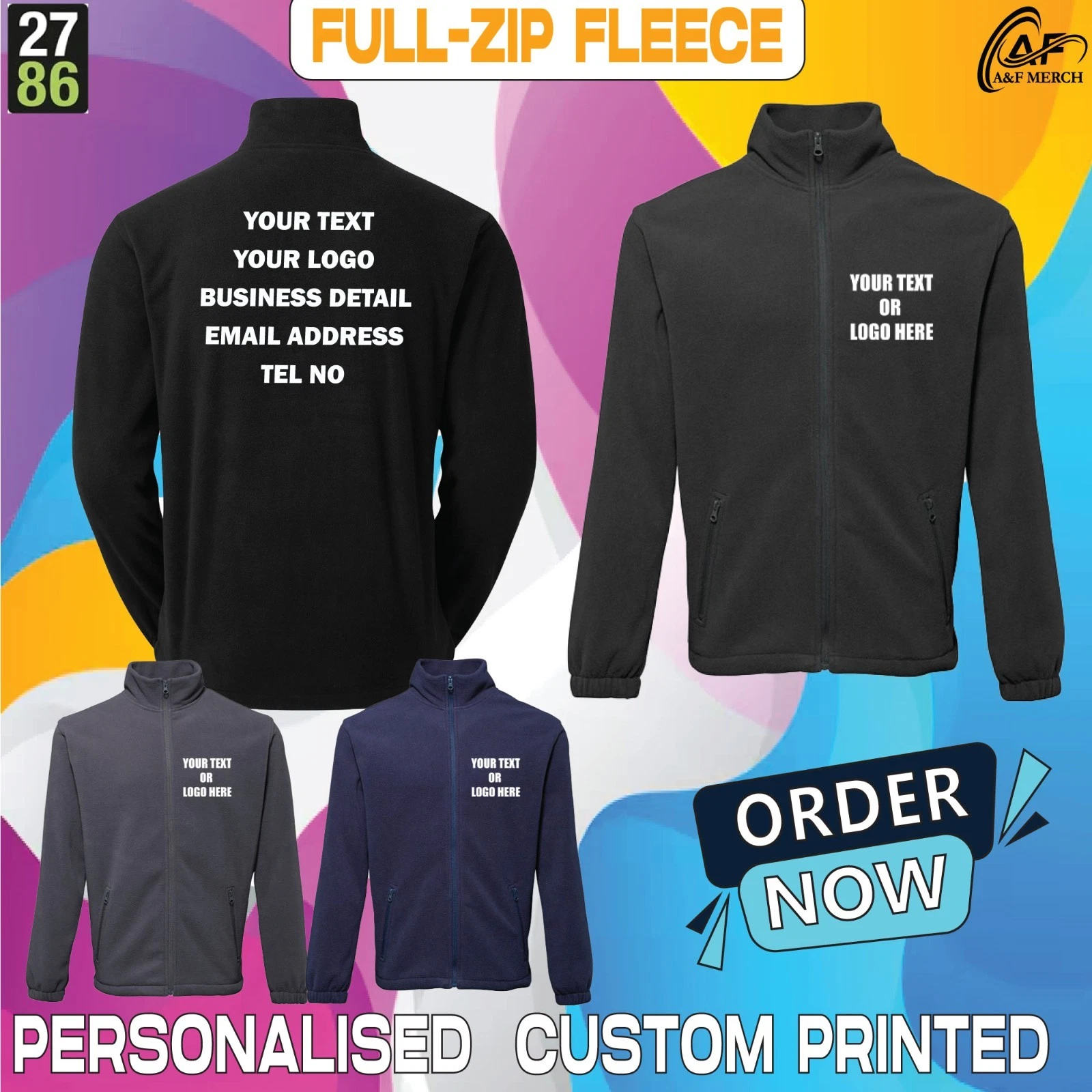 Personalised Custom Printed Full Zip Fleece Jacket Workwear TS014 Everyday Wear