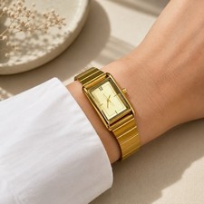 Gold Rectangular Analog Wristwatch with Metal Bracelet Strap, Dress Style