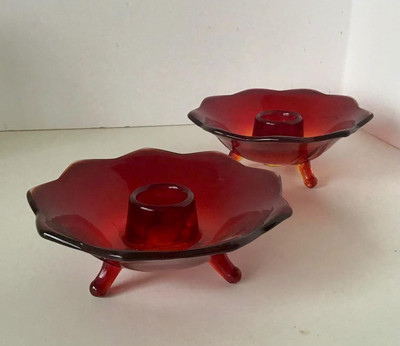 Vintage Fenton Glass Ruby Red #848 Petal Rim Footed Candle Holder Sticks, 1930 s