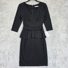 Eliza J Dress Womens 4P Black Peplum Ruched V Neck Sheath 3/4 Sleeve Knee Length