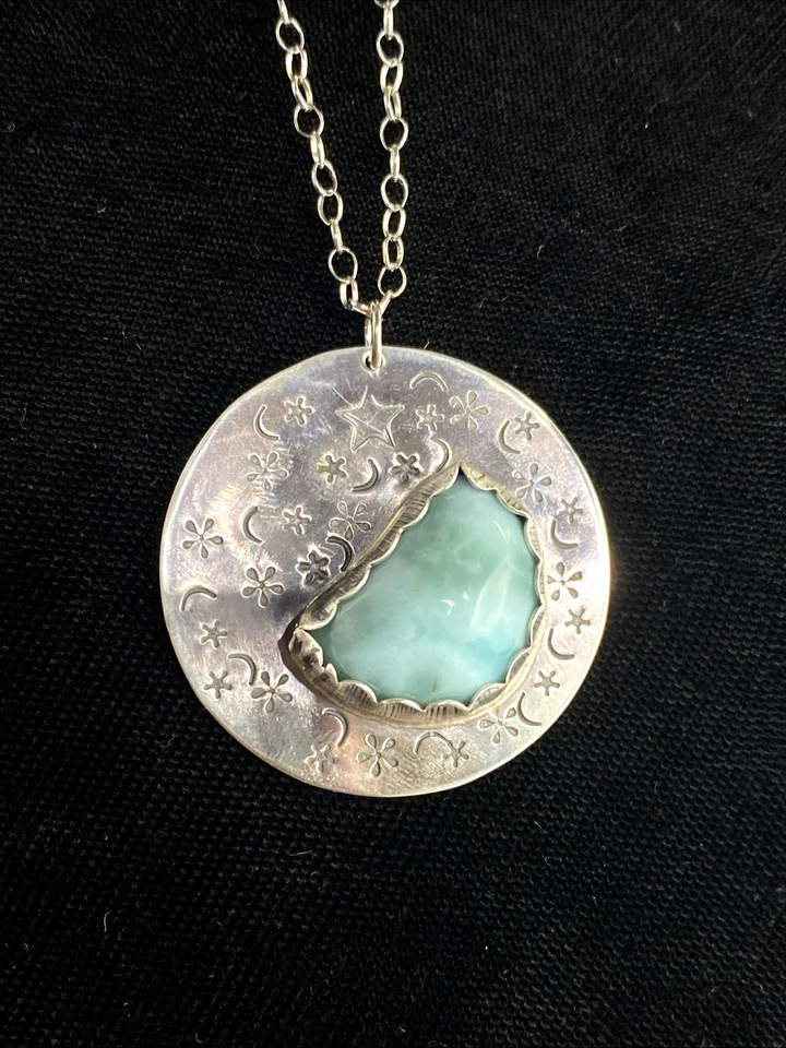 Collar Celestial Colgante Azul Larimar Piedras Preciosas Naturales Plata de Ley 925 18" Foto 3 de 4