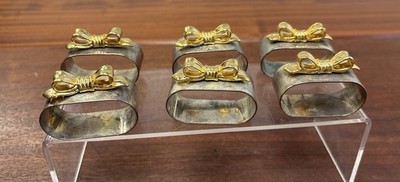 Vintage AUKEY Hong Kong Silver Plated Oval Napkin Rings with Gold-Toned Bows 6
