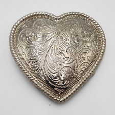 Engraved Heart-Shaped Silver Tone Belt Buckle, Signed USA Marked