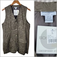 NEW Vintage 90s 100% Silk Jaquard Vest Jacket Large Tunic Alt Grunge Beige Tan