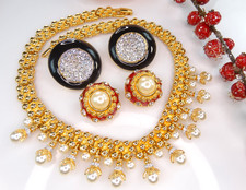 VINTAGE JEWELRY LOT 80S HIGH END CHUNKY GOLD CRYSTAL ENAMEL SIGNED ESSEX BLANCA