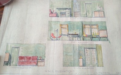 Vintage Watercolor/Pencil Drawing Mid Century Modern Interior Design Boards 