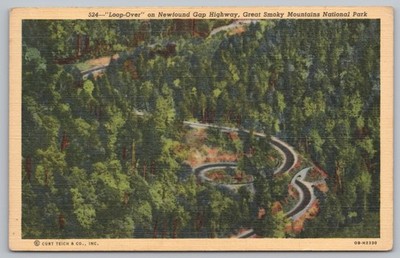 Newfound Gap Highway Loop-Over Postcard Great Smoky Mtns C. Teich 1940s Linen