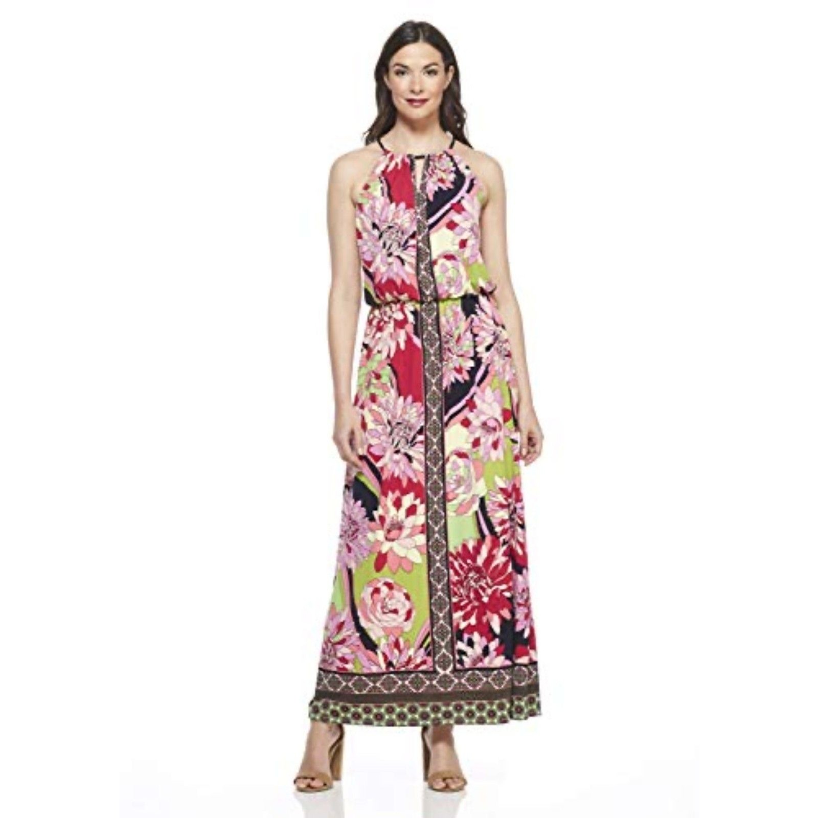 London Times Pink Floral Halter Maxi Length Dress Size 8 Pink Romantic Elegant