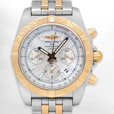 Breitling Chronomat 44mm Auto CB011012 White MOP Diam Dial 18k RG Bezel TT Band