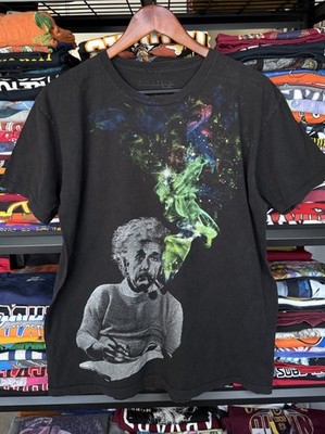 Albert Einstein Smoking Pipe Colorful Cosmic Smoke Graphic T-Shirt Black Large