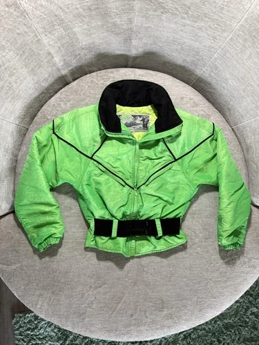 VINTAGE Nils Jacket Womens 10 Green Neon Belted Ski Zip Puffer Made USA 80s