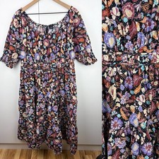 Ann Taylor Batik Floral Midi Dress Cotton Tiered Puff Sleeve Purple Brown 14