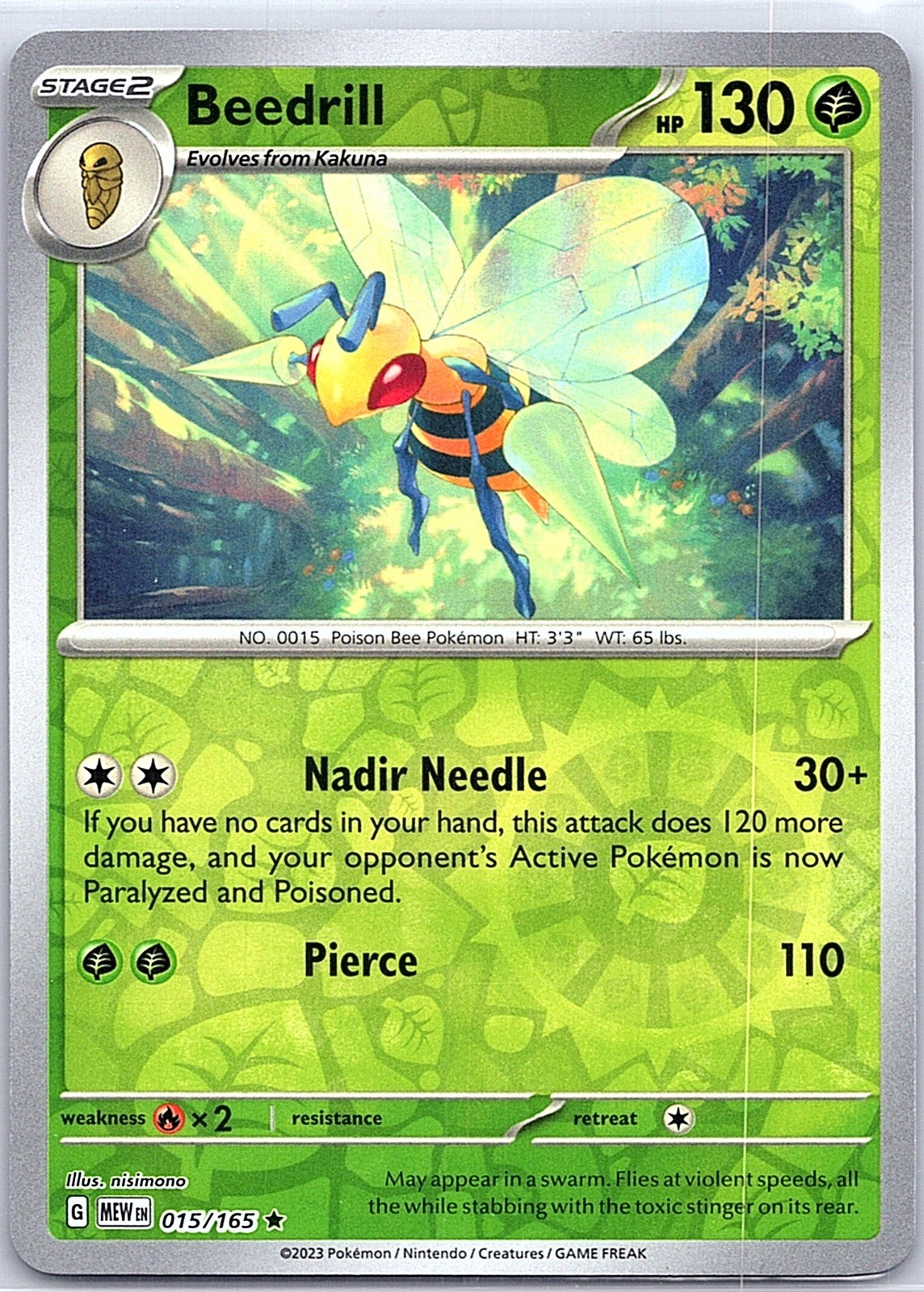 Beedrill 015/165 Rare 151 Pokemon Reverse Holo Near Mint