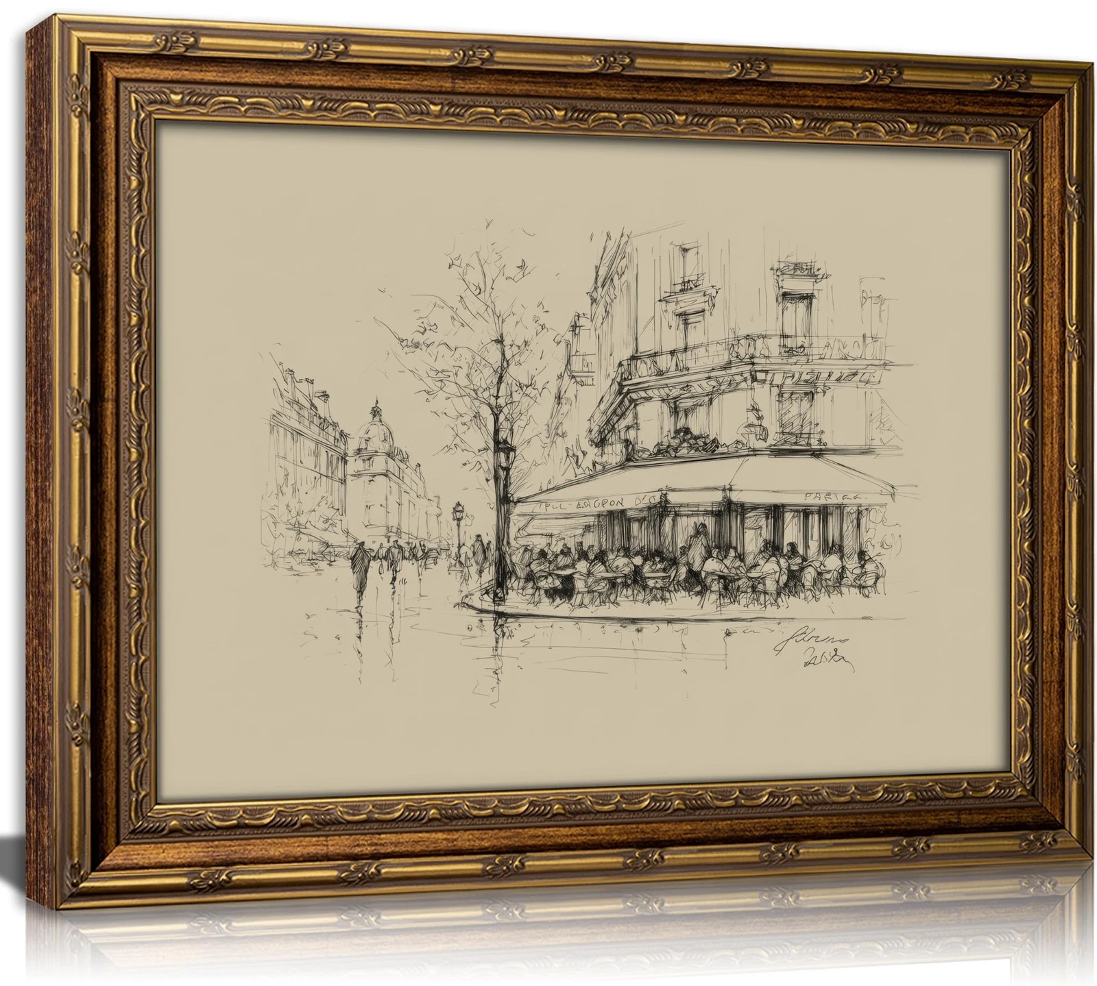 Vintage Gold Framed Black and White Sketch Wall Art French Cafe Sketch Canvas...