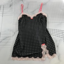 Victoria's Secret Gown Womens L Black Polka Dot Satin Lace Chemise Nightgown