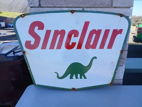 VINTAGE SINCLAIR PORCELAIN SIGN 3FT OLD DINO GASOLINE MOTOR OIL DSP GAS POLE USA