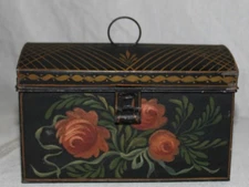 EARLY 19TH C HANDPAINTED DOME LID CONNECTICUT TOLE DOCUMENT BOX PA DUTCH FLORAL