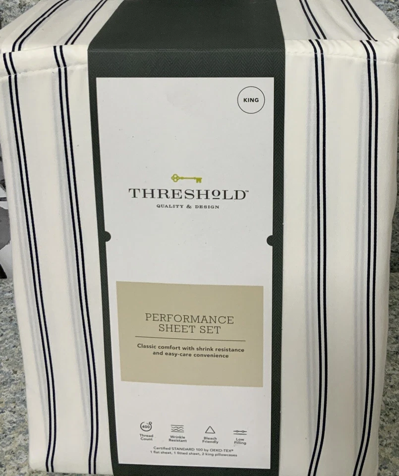 🌺 Threshold 400 Thread Count Performance Printed Sheet Set Blue Stripe - King - Image 2 of 4