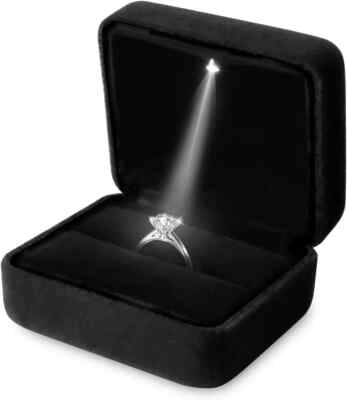 Velvet Ring Box LED Light Engagement/Wedding Jewelry Gift Presentation (Black)