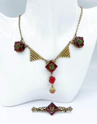 2 Pc Lot Matching Antique Art Deco Egyptian Revival Pharaoh Necklace & Bar Pin