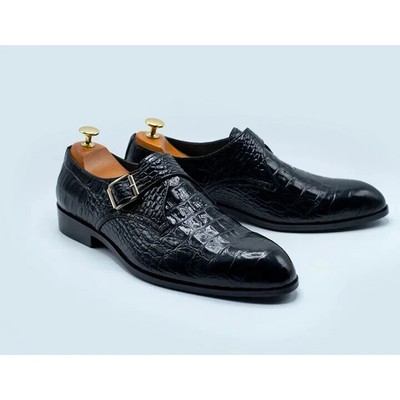 Handgemachte schwarze Alligator-Krokodil-Herrenleder-Monk-Strap-Abendschuhe