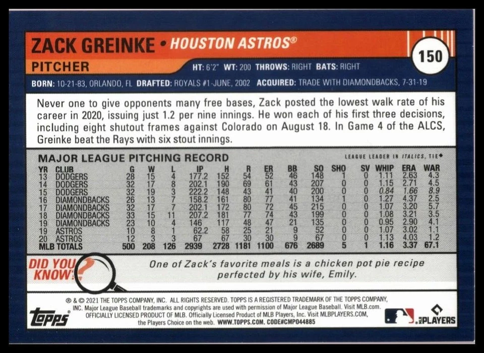 2021 TOPPS BIG LEAGUE #150 ZACK GREINKE HOUSTON ASTROS - Image 2 of 2