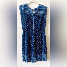 Loft Factory Floral Summer Dress Sz M Blue White Flowers Button Front Knee Lengh