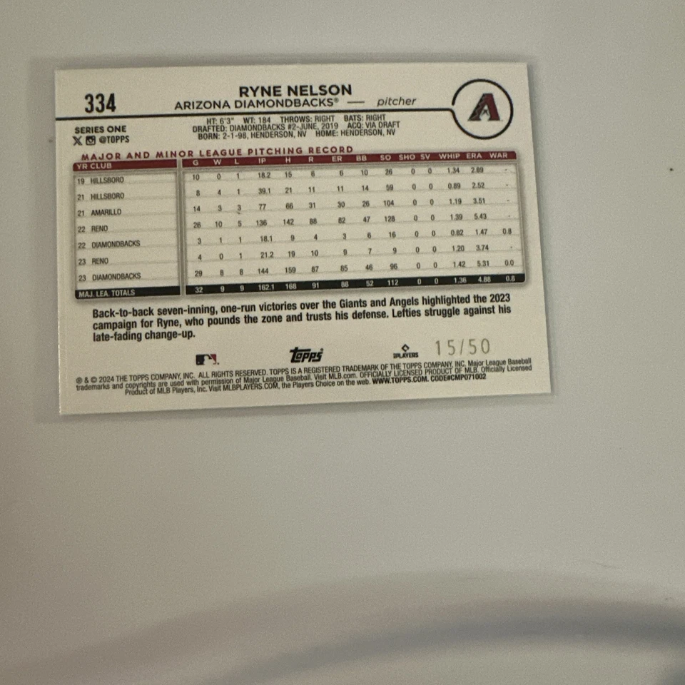 2024 Topps Ryne Nelson #334 Yellow Crackle 15/50 Arizona Diamondbacks - Image 3 of 4