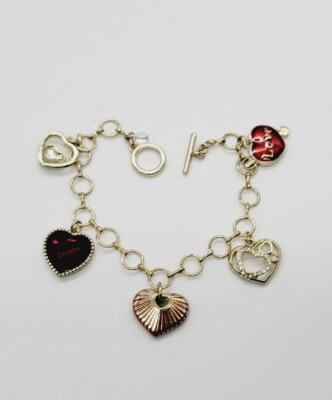 Napier Charm Bracelet Heart Love Red 8 in RARE Gold tone Toggle