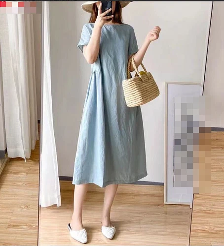 Womens Cotton Linen Retro Casual Summer Tunic Shirt Kaftan Pockets Midi Dress - Bild 4 von 11