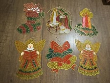 6 Vintage Large Plastic  Stained Glass  Look Christmas Ornaments Suncatchers EUC