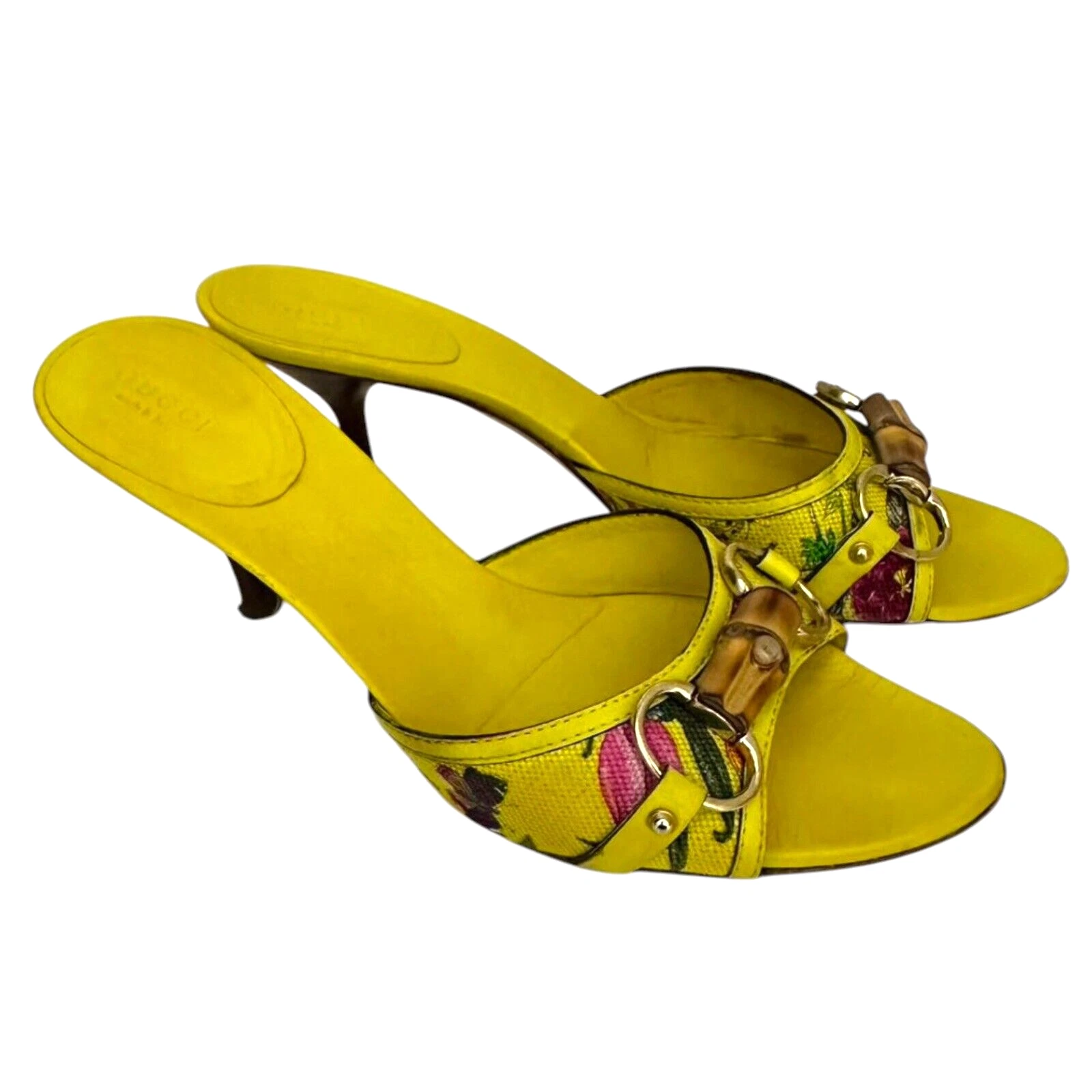 Mules coulissantes GUCCI cuir jaune et toile fleurie bambou mors de cheval, taille 38,5 C