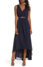 ELIZA J Navy Beaded Rhinestone Embellished V-Neck Asymmetric Maxi Gown Dress 6 S